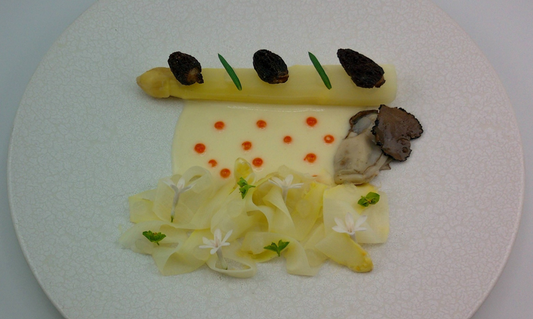 WHITE ASPARAGUS, MORELS, OYSTER &amp; SALMON CAVIAR
