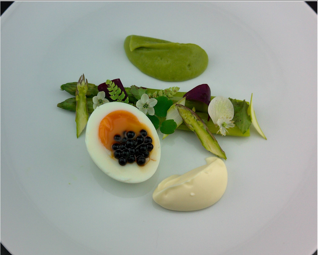 SOFT-BOILEG EGG WITH ASPARAGUS, ASPARAGUS CREAM, TRUFFLE MAYONNAISE &amp; BALSAMIC TRUFFLE PEARLS