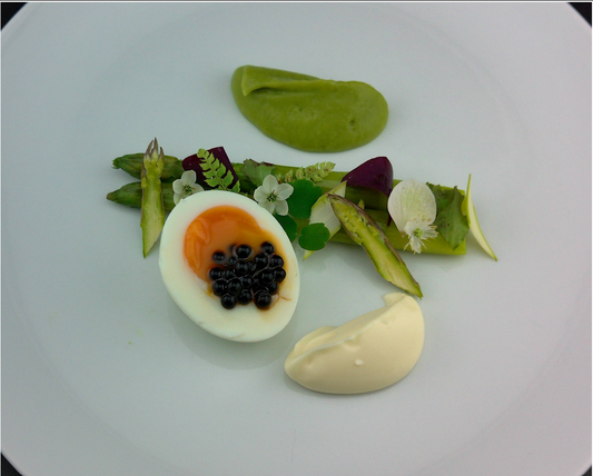 SOFT-BOILEG EGG WITH ASPARAGUS, ASPARAGUS CREAM, TRUFFLE MAYONNAISE &amp; BALSAMIC TRUFFLE PEARLS